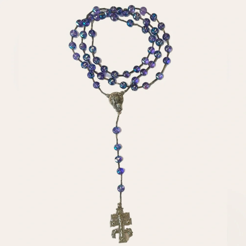 CRUZ DE CARAVACA PURPLE GEM SILVER SPACERS BEAUTIFUL ‎ CATHOLIC ROSARY
